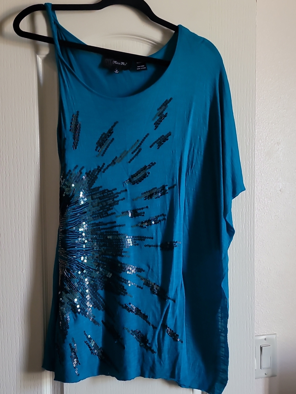 Miss Me Teal One-Shoulder Sequin Burst Tank Top